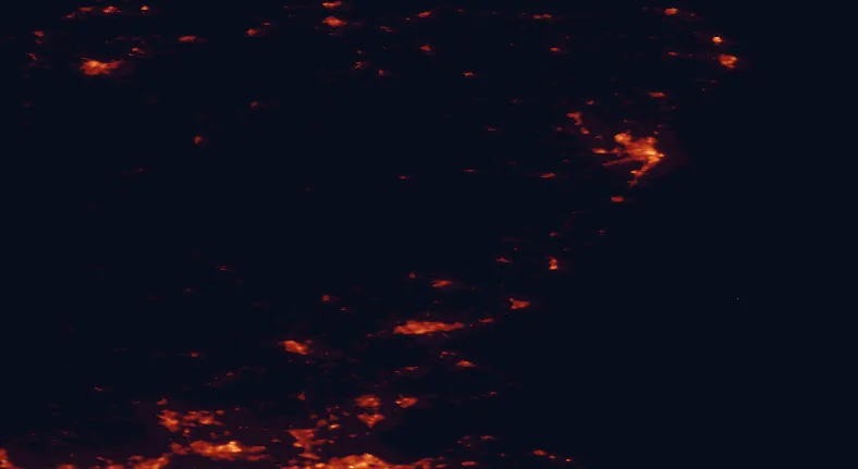 Satellite night-light map of the 100 km around Glen Clova, with Dundee, Aberdeen and Perth marked