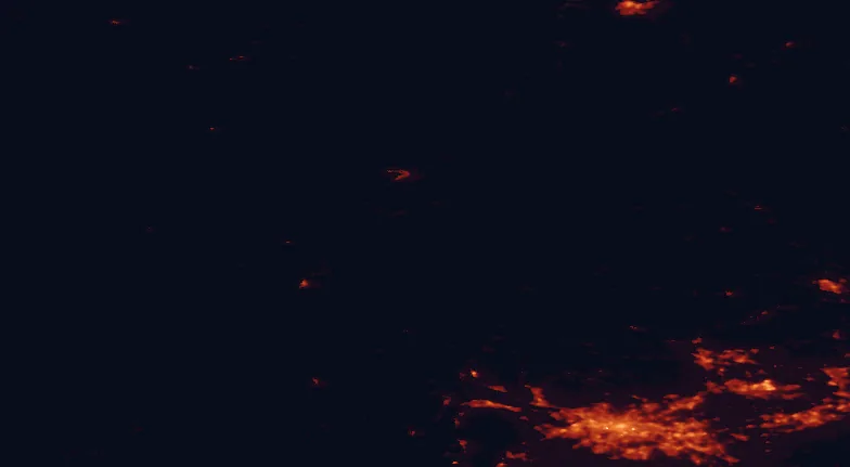 Satellite night-light map of the 100 km around Glen Etive, with Glasgow, Paisley and East Kilbride marked