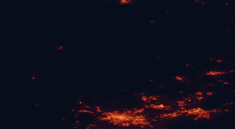 Satellite night-light map of the 100 km around Glen Lyon, with Glasgow, Edinburgh and Dundee marked