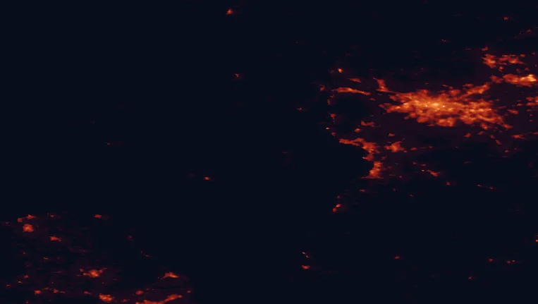Satellite night-light map of the 100 km around the Isle of Arran, with Glasgow, Paisley and East Kilbride marked