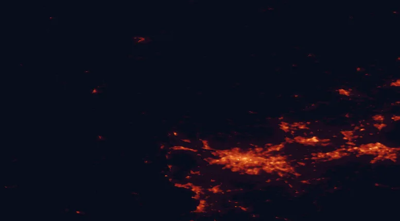 Satellite night-light map of the 100 km around Loch Lomond and the Trossachs, with Glasgow, Edinburgh and Paisley marked
