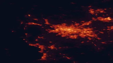 Satellite night-light map of the 50 km around Paisley, with Glasgow, East Kilbride and Renfrew marked