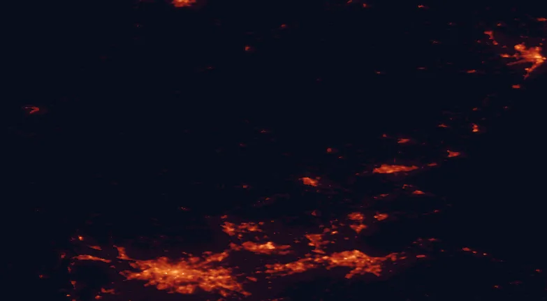 Satellite night-light map of the 100 km around Tay Forest Park, with Glasgow, Edinburgh and Dundee marked