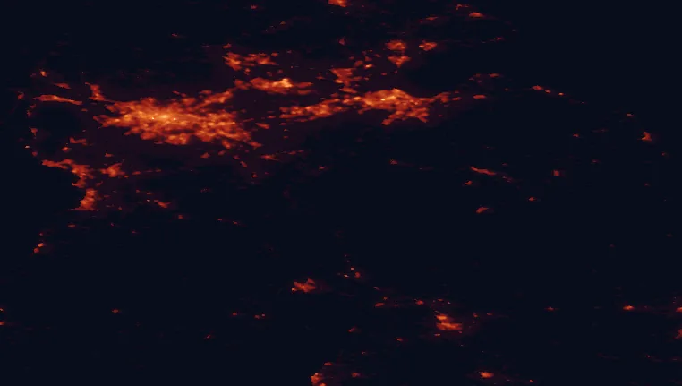 Satellite night-light map of the 100 km around Tweedsmuir, with Glasgow, Edinburgh and East Kilbride marked