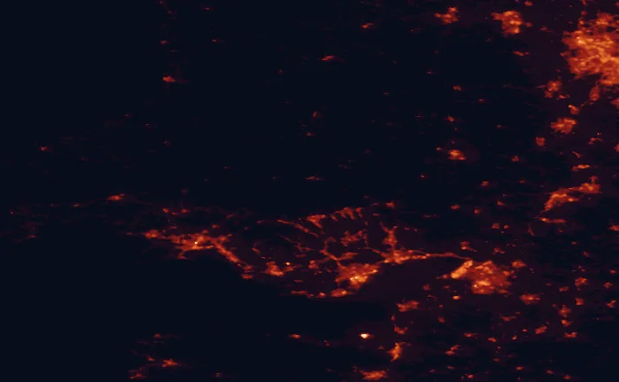 Satellite night-light map of the 100 km around Bannau Brycheiniog National Park, with Cardiff, Bristol and Swansea marked