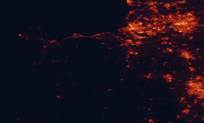 Satellite night-light map of the 100 km around the Berwyn range, with Liverpool, Manchester and Birkenhead marked