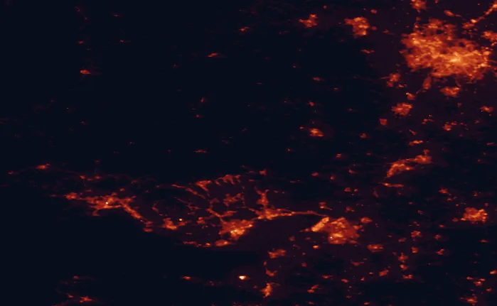 Satellite night-light map of the 100 km around the Black Mountains, with Birmingham, Bristol and Cardiff marked