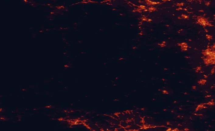Satellite night-light map of the 100 km around the Cambrian Mountains, with Swansea, Wolverhampton and Stoke-on-Trent marked
