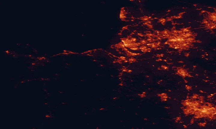 Satellite night-light map of the 100 km around the Clwydian Range, with Liverpool, Birmingham and Birkenhead marked