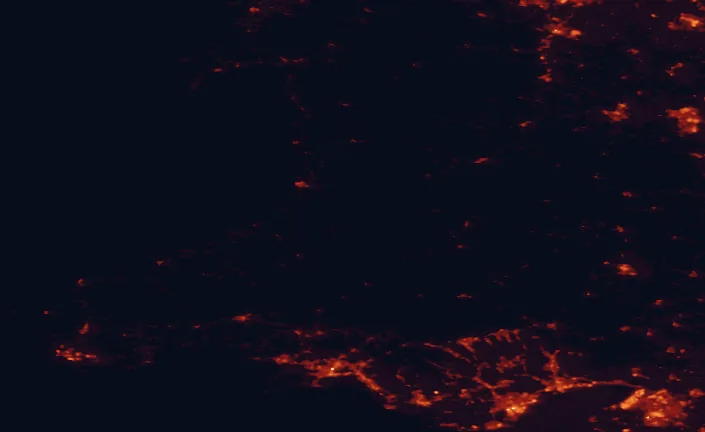 Satellite night-light map of the 100 km around Coed y Bont, with Bristol, Swansea and Cardiff marked
