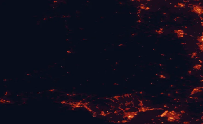 Satellite night-light map of the 100 km around Elan Valley, with Bristol, Cardiff and Swansea marked
