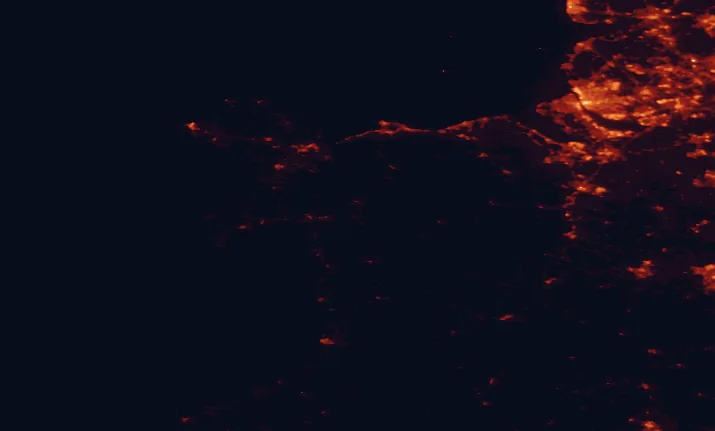 Satellite night-light map of the 100 km around Eryri National Park, with Liverpool, Birkenhead and Preston marked