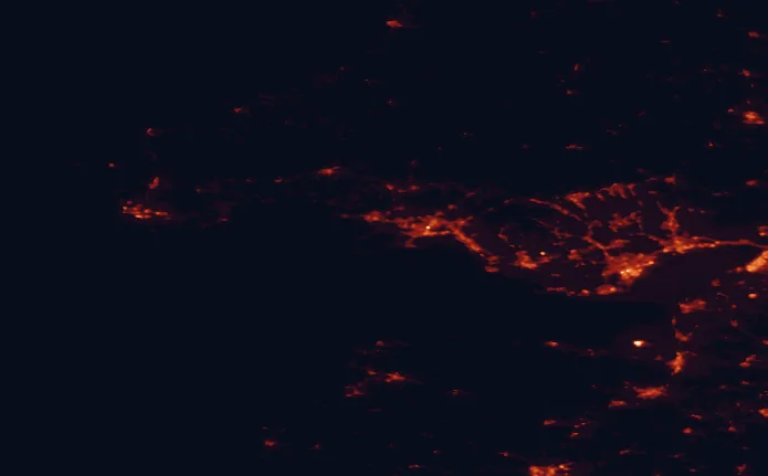 Satellite night-light map of the 100 km around the Gower Peninsula, with Swansea, Cardiff and Newport marked