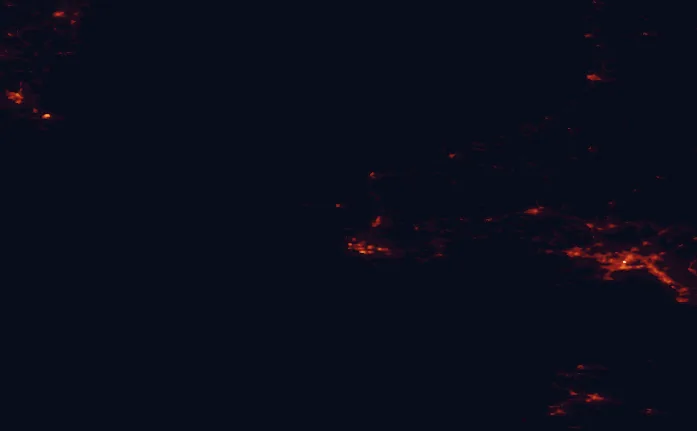 Satellite night-light map of the 100 km around the Pembrokeshire Coast, with Swansea, Llanelli and Haverfordwest marked