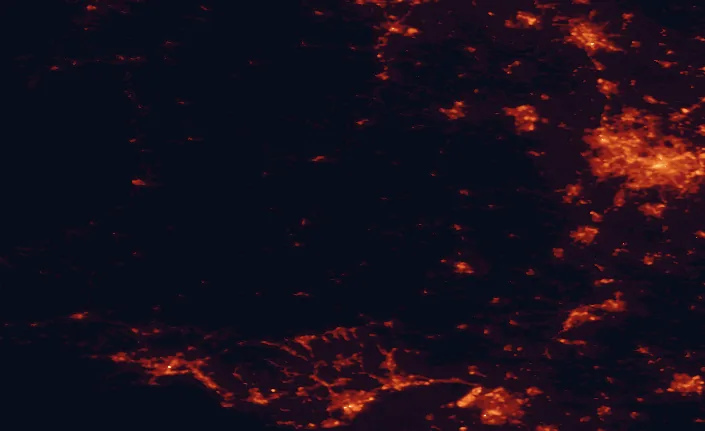 Satellite night-light map of the 100 km around Radnor Forest, with Birmingham, Bristol and Cardiff marked