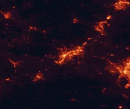 Satellite night-light map of the 50 km around Auburn, with Columbus, Opelika and Phenix City marked