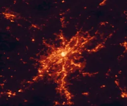 Satellite night-light map of the 50 km around Birmingham, with Hoover, Vestavia Hills and Homewood marked