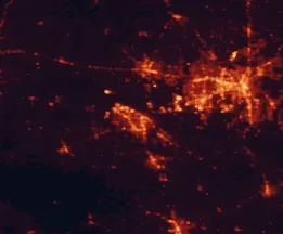 Satellite night-light map of the 50 km around Decatur, with Huntsville, Madison and Athens marked
