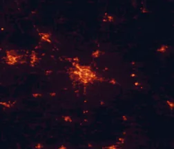 Satellite night-light map of the 50 km around Dothan, with Enterprise, Ozark and Headland marked