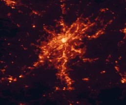Satellite night-light map of the 50 km around Hoover, with Birmingham, Vestavia Hills and Homewood marked