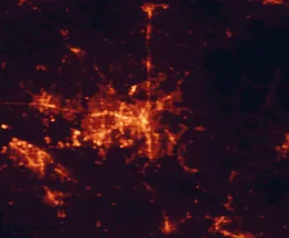 Satellite night-light map of the 50 km around Huntsville, with Madison, Decatur and Athens marked