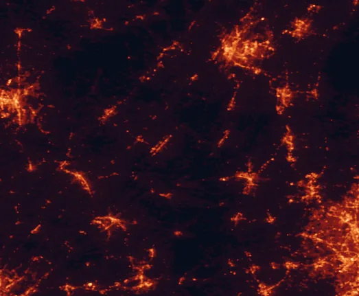 Satellite night-light map of the 100 km around Little River Canyon National Preserve, with Chattanooga, Huntsville and East Chattanooga marked