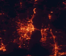 Satellite night-light map of the 50 km around Mobile, with Prichard, Daphne and Tillmans Corner marked