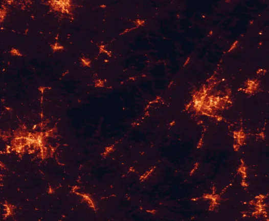 Satellite night-light map of the 100 km around Russell Cave National Monument, with Chattanooga, Huntsville and East Chattanooga marked