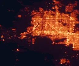 Satellite night-light map of the 50 km around Avondale, with Phoenix, Glendale and Peoria marked