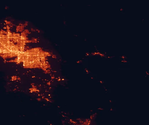 Satellite night-light map of the 100 km around Boyce Thompson Arboretum, with Phoenix, Mesa and Gilbert marked