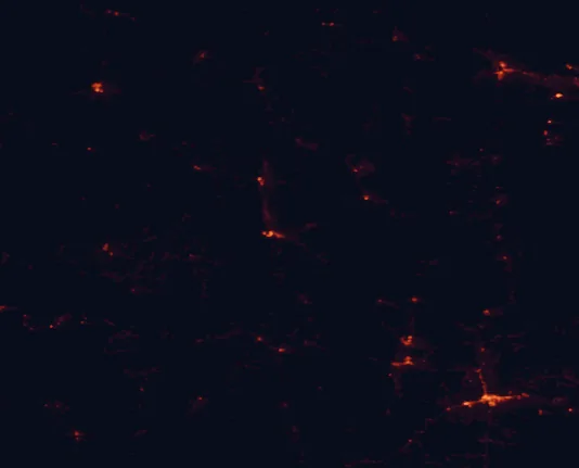 Satellite night-light map of the 100 km around Canyon de Chelly National Monument, with Gallup and Shiprock marked