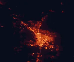 Satellite night-light map of the 50 km around Casas Adobes, with Tucson, Catalina Foothills and Oro Valley marked