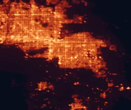 Satellite night-light map of the 50 km around Chandler, with Phoenix, Mesa and Gilbert marked