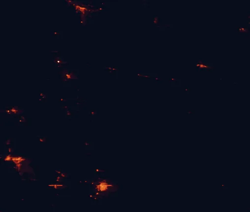 Satellite night-light map of the 100 km around Chiricahua National Monument, with Agua Prieta, Sierra Vista and Douglas marked