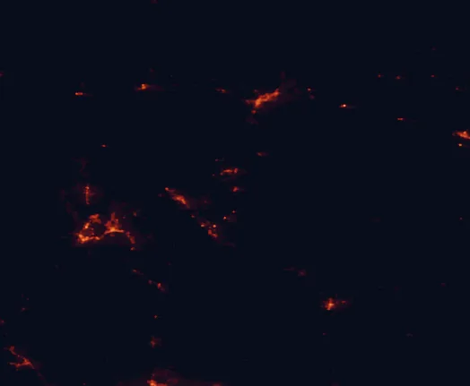 Satellite night-light map of the 100 km around Coconino National Forest, with Flagstaff, Prescott Valley and Prescott marked