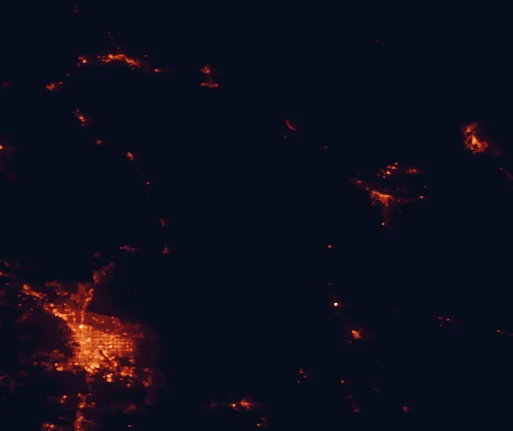 Satellite night-light map of the 100 km around Crook National Forest, with Tucson, Casas Adobes and Catalina Foothills marked