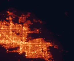 Satellite night-light map of the 50 km around Fountain Hills, with Phoenix, Mesa and Scottsdale marked