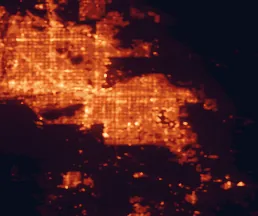 Satellite night-light map of the 50 km around Gilbert, with Phoenix, Mesa and Chandler marked