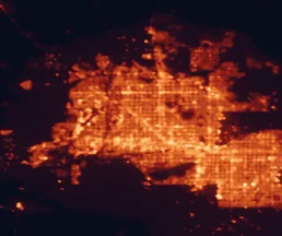 Satellite night-light map of the 50 km around Glendale, with Phoenix, Peoria and Mesa marked