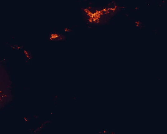 Satellite night-light map of the 100 km around Grand Canyon-Parashant National Monument, with Saint George, Washington and Mesquite marked