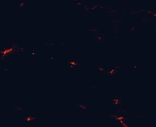 Satellite night-light map of the 100 km around Homolovi State Park, with Flagstaff, Payson and Show Low marked