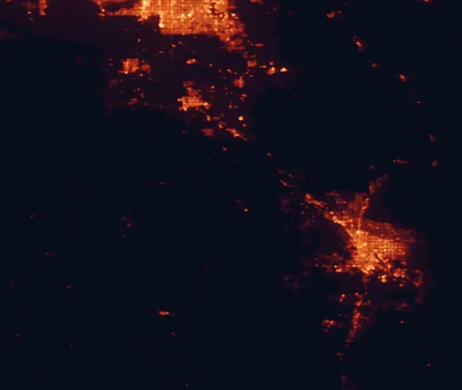 Satellite night-light map of the 100 km around Ironwood Forest National Monument, with Tucson, Chandler and Casas Adobes marked