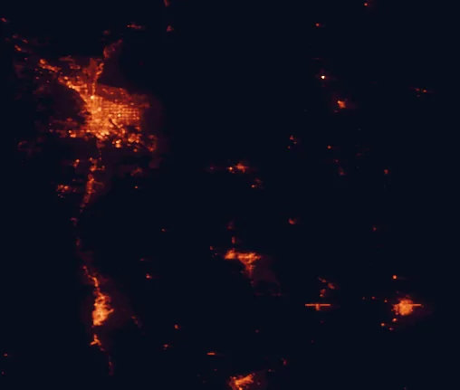 Satellite night-light map of the 100 km around Kartchner Caverns State Park, with Tucson, Nogales and Sierra Vista marked