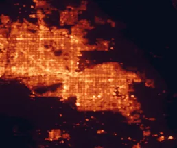 Satellite night-light map of the 50 km around Mesa, with Phoenix, Gilbert and Chandler marked