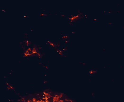 Satellite night-light map of the 100 km around Montezuma Castle National Monument, with Flagstaff, Prescott Valley and Prescott marked
