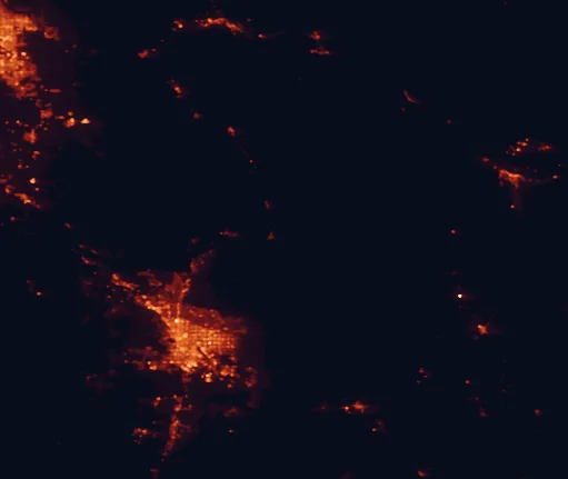 Satellite night-light map of the 100 km around Oracle State Park, with Tucson, Casas Adobes and Catalina Foothills marked