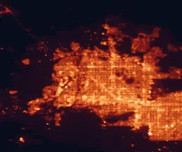 Satellite night-light map of the 50 km around Peoria, with Phoenix, Glendale and Mesa marked