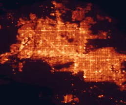 Satellite night-light map of the 50 km around Phoenix, with Mesa, Glendale and Scottsdale marked