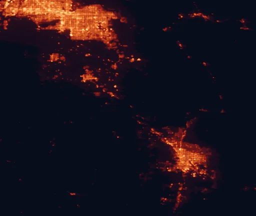 Satellite night-light map of the 100 km around Picacho Peak State Park, with Phoenix, Tucson and Mesa marked