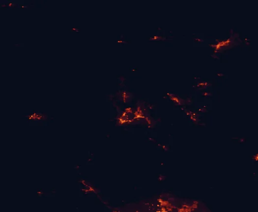 Satellite night-light map of the 100 km around Prescott National Forest, with Prescott Valley, Prescott and Flagstaff marked